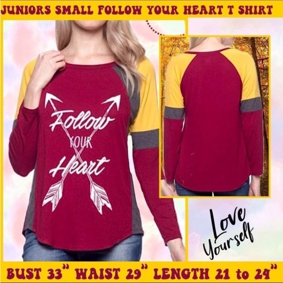 EUC JRS S FOLLOW YOUR HEART GRAPHIC T SHIRT RED & YELLOW ATHLEISURE STREETWEAR - Picture 1 of 12